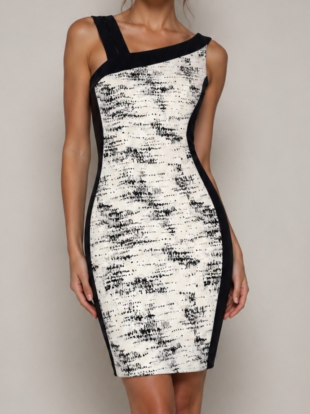 Joseph Ribkoff Asymmetrical Monochrome Bodycon Dress — Size 6